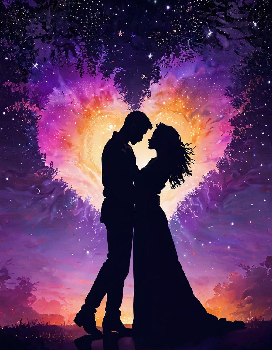 A passionate couple dancing under a starlit sky, with soft, warm lighting highlighting their emotions. Elements of love like hearts and sparkles surround them, while a silhouette of a strong female figure resembling Queen Bey gently watches over them, symbolizing empowerment in romance. The background features vibrant colors blending from deep purples to golden hues, creating an enchanting atmosphere. super-realistic. vibrant colors. romantic ambiance.