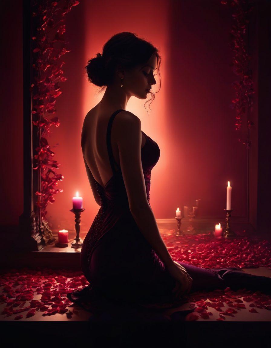 A captivating scene featuring a dramatic interplay of light and shadows, showcasing a sensual silhouette of a woman embodying confidence and allure, surrounded by subtle symbols of love and passion like rose petals and soft candlelight. The background should evoke a sense of mystery and warmth, hinting at an intimate atmosphere. The color palette should be rich and inviting, with deep reds and purples dominating the scene. Elegant typography subtly integrated into the design reads 'From Lust to Love'. edgy art style. vibrant colors. cinematic lighting.